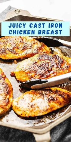 juicy cast iron chicken breast in a skillet with a blue sign reading juicy cast iron chicken breast