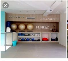 there are two pictures of the inside of a gym with different items on shelves and in front of them