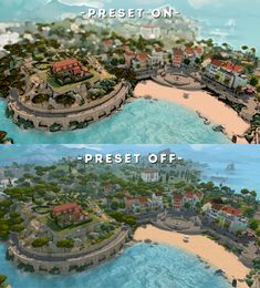 an island is shown in two different views, one with houses on it and the other has