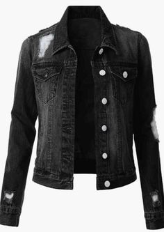 Classic black denim jacket. This classic, sturdy denim jacket boasts a structured collar, buttoning pockets and cuffs, matching front welted pockets, and a full button placket. Trendy distressed details throughout. Runs true to size. Ripped Jacket, Demin Jacket, Black Jean Jacket, Long Sleeve Denim Jacket, Black Jean, Classic Jacket, Denim Color, Distressed Denim Jacket, Black Denim Jacket