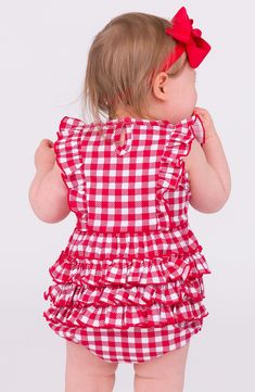 This soft cotton-jersey bubble romper is rendered in a picnic-and-parade-ready gingham check and trimmed in oodles of perky ruffles. Back keyhole with button-and-loop closure; snaps between legs 95% cotton, 5% spandex Machine wash, tumble dry Imported Bubble Romper, Red Gingham, Gingham Check, Home Outfit, Sewing Project, Newborn Girl, Girls Trip