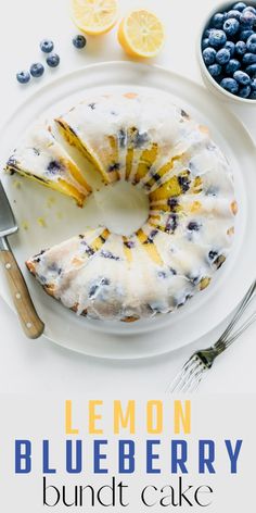 lemon blueberry bundt cake on a white plate