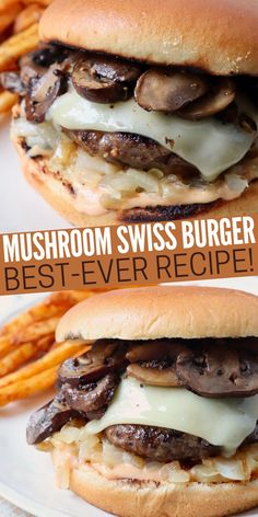 prepared mushroom swiss cheeseburgers on plate with seasoned fries Mushroom Sauce For Burgers, Swiss Burger, Mushroom Burger Recipe, Mushroom Swiss Burger, Burger Recipes Beef, Best Burger Recipe, Onion Burger, Gluten Free Vegetarian Recipes, Mushroom Burger