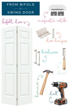 an open door with tools on it and the words from bifold to swing door