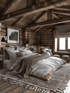 a large bed sitting inside of a bedroom next to a wooden wall and ceiling covered in wood planks