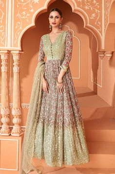 Floral Print Anarkali, Floral Anarkali, Gown With Dupatta, Gown Suit, Look Festival, Readymade Saree, Green Gown, Anarkali Gown, Party Kleidung