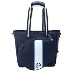 a blue and white bag with stripes on the front, shoulder strap and handle is shown