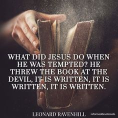 a person holding an open book with the words what did jesus do when he was tempted? he threw the book at the devil, it's written