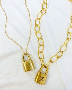 Vintage & authentic LV lock necklace. Available in thick chain or thin (see photo). Key included with lock. 17” long. Only one lock & key included in "one of each chain" option (2 chains, 1 lock). Chain is gold plated over brass. Expensive Aesthetic, Alv Jewels, Dream Accessories, Louis Vuitton Necklace, Catholic Bracelet, Diy Outfits, Small Shower, Aqua Jewelry, Handmade Charm Bracelets