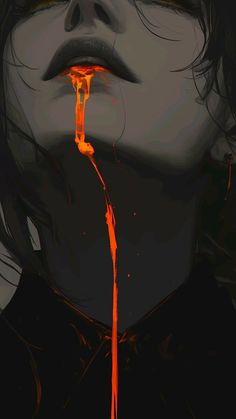 a woman's face with blood dripping from her mouth and nose, in black and orange