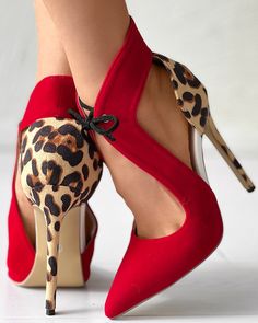 Size: 36,37,38,39,40,41,42;Style:ChicType:PumpsMaterial:SuedePattern Type:Colorblock,LeopardDecoration:Hollow-out,Tied DetailOccasion:Daily,Wedding GuestToe:Point ToeHeel Height:High HeelPackage Include:1*Pumps Look Festival, Shoes Heels Classy, Cute Shoes Heels, Red High Heels, Heels Classy, Womens Stilettos, Pumps Heels Stilettos, Chic Type, Red High