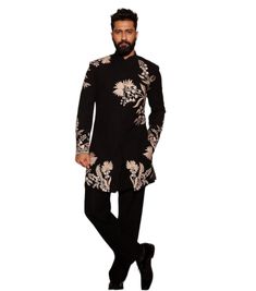 PRODUCT DETAILS:- Featuring hand-embroidery with heavy thread work on a simple bandhgala indo-western, this  black Italian fabric Indo-Western jacket is a striking piece. Paired with a matching black Italian pant/trousers with inner buttons, this set exudes luxury and style. Ideal for formal occasions and wedding occasions, style this jacket with a matching trouser and polished black shoes. Accessorize with a silky pocket square or cuff links to enhance its sophisticated appeal. FEATURES:- Color: Black Fabric: ITALIAN IMPORTED Design Type: Hand Embroidery by our artisan (one garment make in 2 days for work) Embroidery: Embroidery Items Included: Indo-Western , Pant , Pocket Square  Wash Care: Dry Clean Only Resham Embroidery Bandhgala Straight Kurta, Embroidered Straight Kurta Bandhgala For Reception, Reception Bandhgala With Floral Embroidery And Long Sleeves, Festive Embroidered Fitted Bandhgala, Designer Fitted Nehru Jacket With Cutdana, Formal Nehru Jacket With Floral Embroidery And Straight Cut, Formal Nehru Jacket With Floral Embroidery And Straight Fit, Resham Embroidered Bandhgala For Festivals, Formal Straight Nehru Jacket With Floral Embroidery