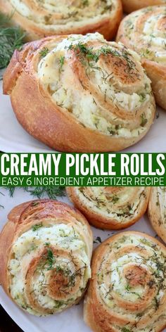 creamy pickle rolls on a plate with text overlay that reads creamy pickle rolls easy 5 ingredient appetizer recipe