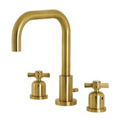 two faucets in gold with the handles extended and nozzles on each side