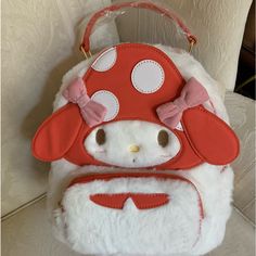 Sanrio Hello Kitty & Friends My Melody Mushroom Backpack Shoulder Bag Purse Brand New With Tag Limited Edition Plush Backpack Features Figural Shape Of My Melody With Appliqu Detailing Mushroom Cap, Faux Velvet Bows & Embroidered Face Details Adorable Plush Tail On Back Top Grab Handle Adjustable Straps Zipper Closure Front Exterior Zip Compartment Matching Lined Interior With Zip Pocket 10” X 11” X 5” All My Items Are Guaranteed Authentic Smoke Free Home Kawaii White Backpack-style Shoulder Bag, Kawaii White Shoulder Bag Backpack, White Kawaii Backpack, Cute White Satchel Backpack, Cute Red Shoulder Bag With Adjustable Strap, Cute White Backpack With Adjustable Strap, Cute Red Satchel Bag, Cute White Rectangular Backpack, Cute White Standard Backpack