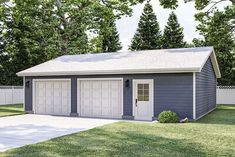 a two car garage is shown in front of a white picket fence and green grass