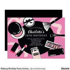 a birthday party card with makeup and cosmetics items