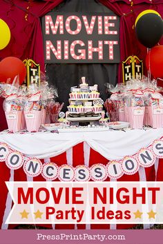 a movie night party with popcorn, cake and balloons