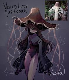 a drawing of a woman with long hair wearing a large hat and dress, standing in front of a mushroom