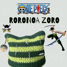 a crocheted bag with two swords on the front and an image of one piece