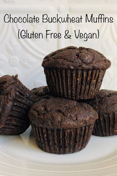 chocolate buckwheat muffins gluten free and vegan on a white plate