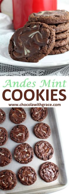 chocolate cookies are on a plate next to a cup of coffee