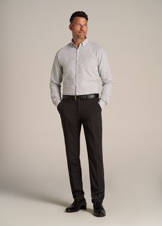 About Our Tall Men's Shirt From the boardroom to the bar, Oxford shirts look great just about anywhere. And when you order one of our men's tall button-down shirts, you'll be able to own one designed specifically for your height. The Oxford style is one of the most versatile shirts a guy can own. It's made of a thicker fabric than your typical button-up with a classy button-down collar and a single front pocket. This tall men's shirt has been tailored to your frame with extra-long sleeves featur Slacks And Button Up Men, Button Down Outfit, Mens Slacks, Oxford Shirts, Oxford Style, Tall Men, Men Formal, Extra Long Sleeves, Grey Shirt