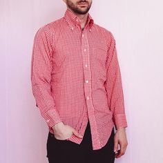 Vintage Men’s Red Check Button Down Long Sleeve Shirt from brand Getaway by ArrowFeaturing an oversized collar, front pocket and long sleeves.No size listed fits like a size men’s size Medium.Modeled on a size mediumMeasurements in inches taken while lying flatChest 21Waist 20Length 30 1/2Shoulder to shoulder 16 1/2 Red Casual Dress Shirt With Button Closure, Casual Red Dress Shirt With Button Closure, Red Collared Flannel Shirt For Spring, Casual Red Dress Shirt For Spring, Red Button-up Flannel Shirt For Spring, Red Casual Dress Shirt With Spread Collar, Classic Red Long-sleeved Flannel Shirt, Casual Red Dress Shirt With Spread Collar, Casual Red Long Sleeve Dress Shirt