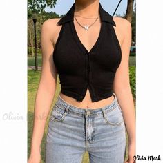 Olivia Mark - Multicolored Sleeveless Deep V-Neck Backless Top, Slim-fit for Outerwear or Layering Basic Crop Tops, Black Crop Top Tank, Bralette Crop Top, Backless Top, Casual Tops For Women, Summer Style Casual, Online Tops, Casual Streetwear, Cropped Tank Top