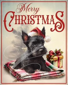 a christmas card with a black dog sitting on top of a blanket