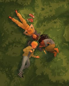 two people laying in the grass with one person holding his head and another standing behind him