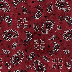 a red bandana with black and white paisley designs on the front, in various colors