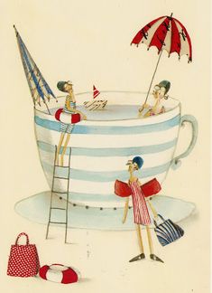 a painting of people in a teacup with an umbrella and other items around it