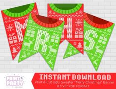 three christmas sweaters hanging on a brick wall