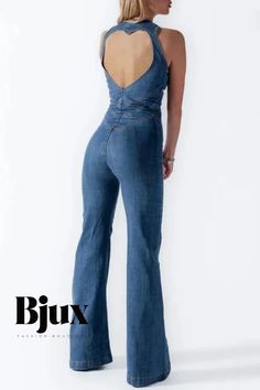 Bjux - Stylish Denim Jumpsuit with Backless Design, Zipper Collar, and Sleeveless Blue Casual Solid finish Sleeveless Stretch Denim Blue Jumpsuits And Rompers, Sleeveless Denim Blue Stretch Jumpsuit, Sleeveless Stretch Denim Jumpsuit In Medium Wash, Stretch Denim Blue Jumpsuit Overall, Chic Sleeveless Stretch Denim Jumpsuit, Backless Design, Denim Jumpsuit, Jumpsuit, Zipper