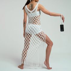 It is a hand-knitted dress with a mesh appearance, with 100% cotton threads. You can easily use it with any outfit, or you can use it as a beach outfit by wearing it on a bikini on the beach.  Only macrame dress will be sent to you. All other clothes, shoes and accessories are used as auxiliary materials for you to see how the macrame dress is. Macrame dress has sizes. This macrame dress is suitable for plus size. For a better future, we do not keep stocks by following the sustainable fashion trend, we make every product on order. This macrame design is made after the order is placed and the production time varies depending on the number of orders. Whosale orders are accepted. To place a bulk order, you can contact me by sending a message. Hand washing is required. Do not wash in the machi Macrame Dresses, Macrame Clothes, Dress Knitting, Hand Knitted Dress, Knitting Dress, Macrame Dress, Handmade Dress, Festival Clothing, Dress Handmade