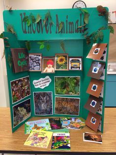 a table topped with lots of pictures and cards on it's sides, along with books