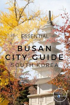 a white pagoda surrounded by trees with the words essential busan city guide south korea