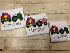 three personalized t - shirts with tractors on them