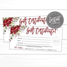 a gift certificate with red flowers on it and the words, get - off - printable