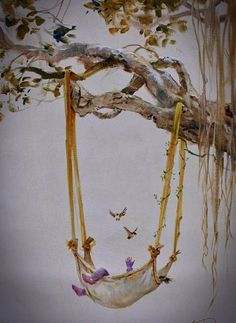 a painting of a tree branch with birds in a hammock hanging from it's branches