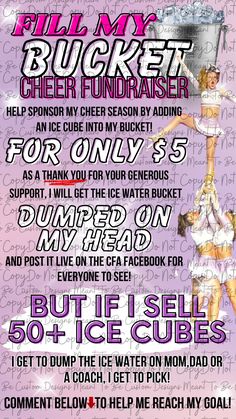 the flyer for an ice bucket fundraiser is shown in purple and white with pink lettering