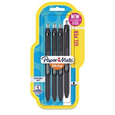 three black ink pens in a package on a white background with the words paper mate next to it