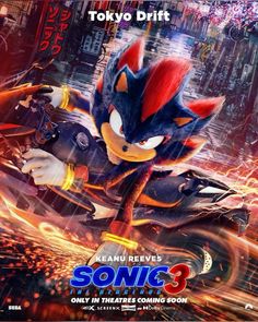 the movie poster for sonic racing 3, featuring an animated character riding on a motorcycle