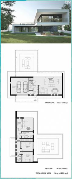 the floor plan for a modern house with two levels and an open living room, dining area