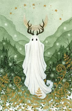 a painting of a white ghost with antlers on it's head