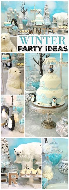 an image of winter party ideas with polar bears and penguin cake toppers on display