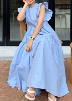 Cute Cotton Dress, Blue Non-stretch A-line Maxi Dress, Blue A-line Non-stretch Maxi Dress, Casual Light Blue Maxi Dress With Ruffles, Winter Outfit Formal, Chic Prom Dresses, Dress Butterfly, Simple Style Outfits, Bohemian Mode