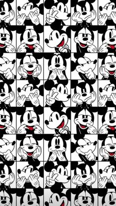 mickey mouse faces are arranged in squares on black and white tiles, with red accents