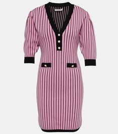 Striped V-neck Mini Dress For Work, Striped V-neck Mini Dress For Fall, Ribbed Bodycon Sweater Dress For Work, Fall Striped Ribbed Dresses, Chic Striped Sweater Dress For Spring, Chic Striped Sweater Dress For Winter, Chic Pink Ribbed Sweater Dress, Knee-length Ribbed Mini Dress For Work, Striped Ribbed Fitted Dress